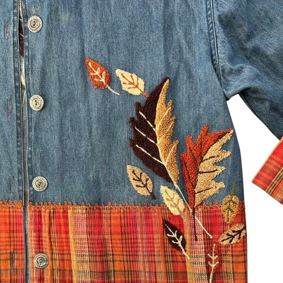 Vintage 90s Keren Hart Fall Autumn Leaf Embroidered Denim Button Down Orange M - Picture 6 of 10